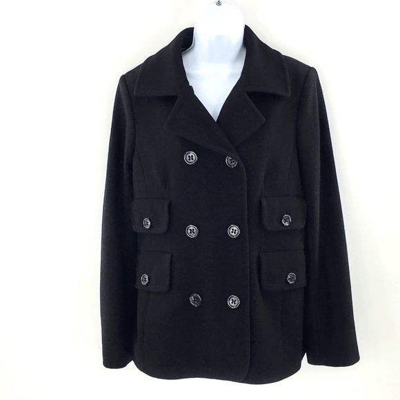 BCBGMaxazria Wool Coat Black Double Breasted Pea Coat Notch Lapel Sz M - Picture 1 of 16